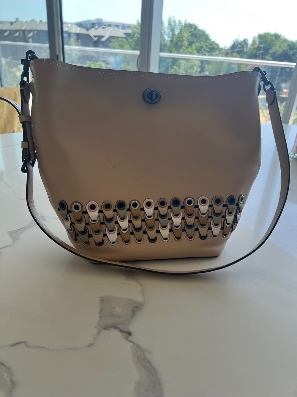 Coach Beige Shoulder Bag with Grommet Accent
